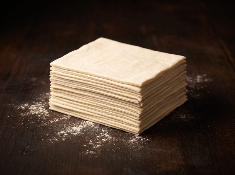 Folded böreklik sheets on dark wood with spilled flour