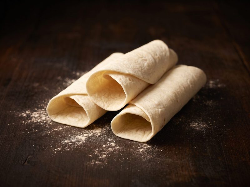 Three rolled dürüm lavaş sheets on dark wood