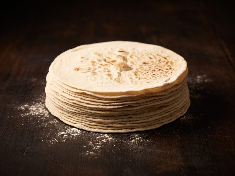A round stack of köy yufkası on dark wood with spilled flour
